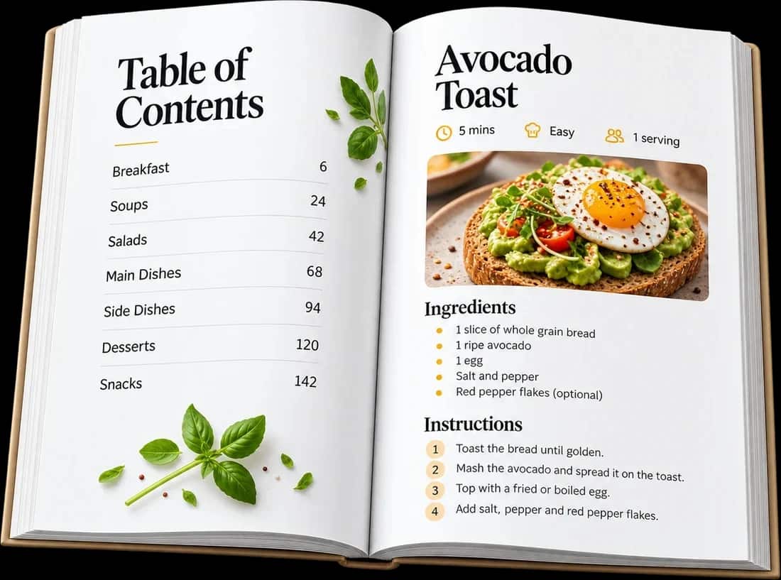 An open cookbook: table of contents and an avocado toast recipe page