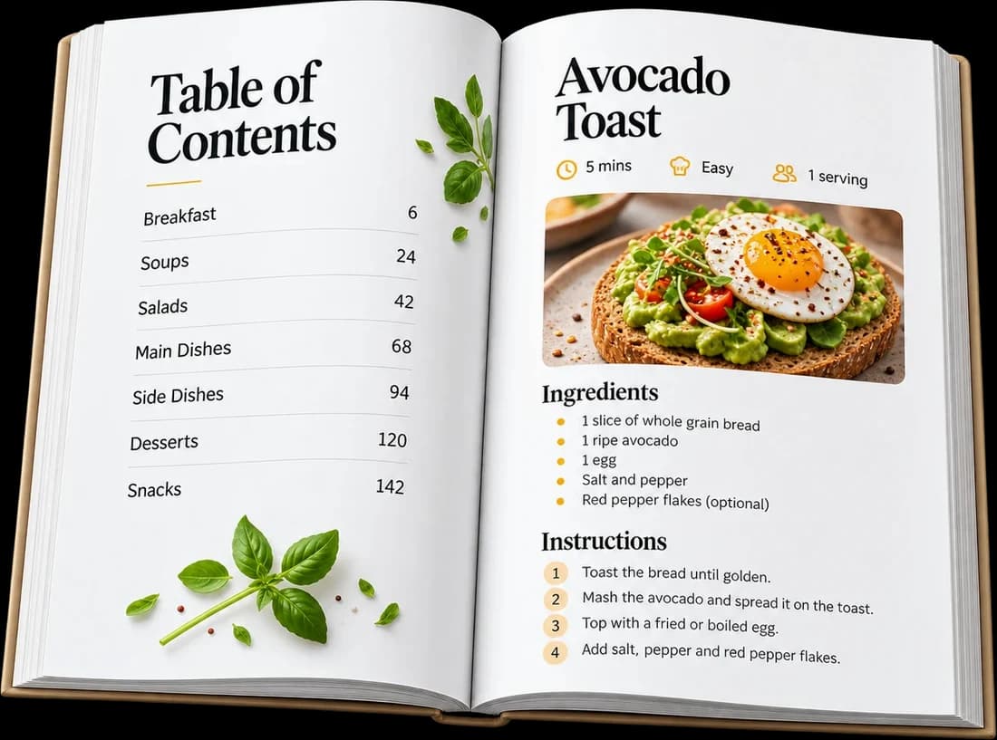 An open cookbook: table of contents and an avocado toast recipe page