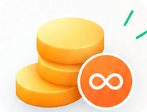 A stack of gold coins with an infinity badge